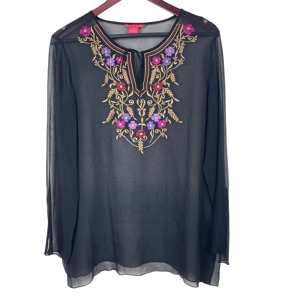 Vtg Tunic Top 100% Silk Embroidered Sheer Cover Up Resort Whimsigoth Fairy Black